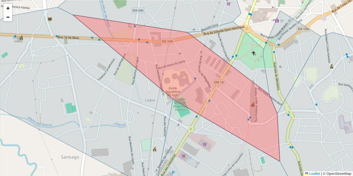 Mapa detalhado do código postal 4785-309 com limites, códigos postais vizinhos e agências dos correios