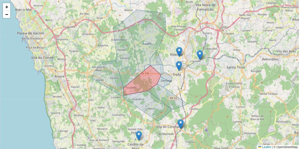 Mapa detalhado do código postal 4785-619 com limites, códigos postais vizinhos e agências dos correios