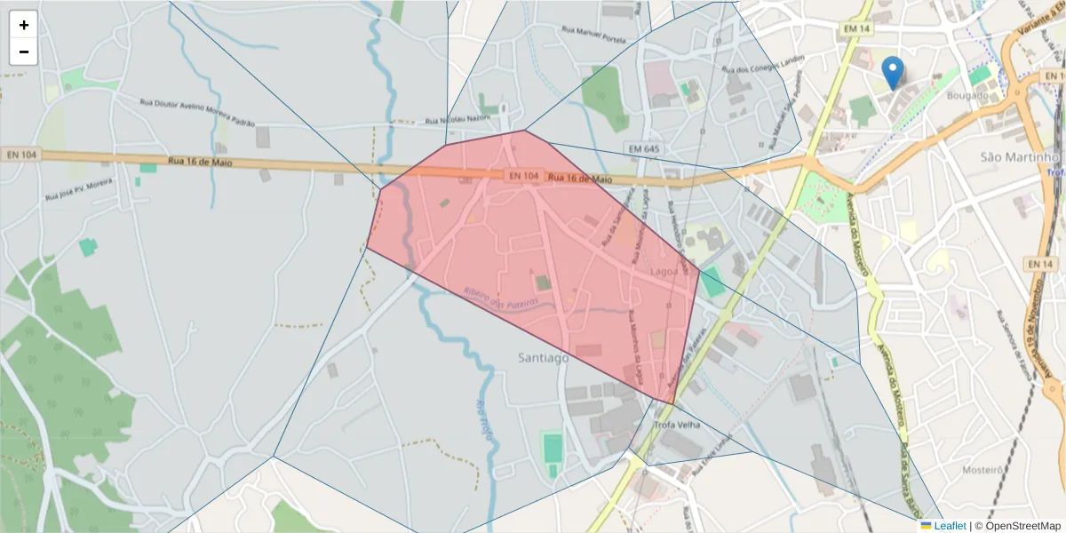 Mapa detalhado do código postal 4785-684 com limites, códigos postais vizinhos e agências dos correios