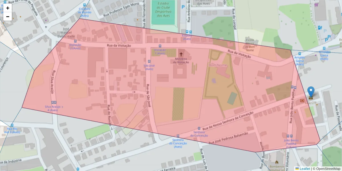 Mapa detalhado do código postal 4795-076 com limites, códigos postais vizinhos e agências dos correios