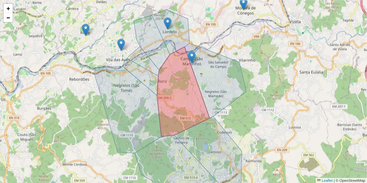 Mapa detalhado do código postal 4795-489 com limites, códigos postais vizinhos e agências dos correios
