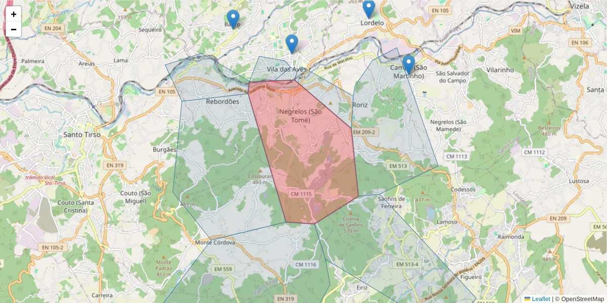 Mapa detalhado do código postal 4795-773 com limites, códigos postais vizinhos e agências dos correios