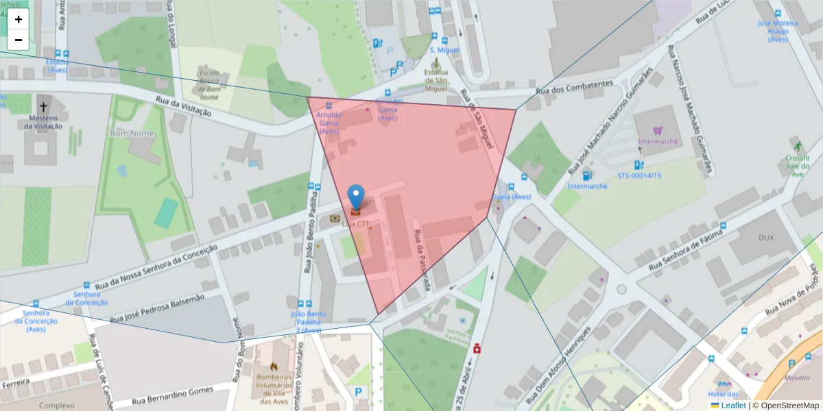 Mapa detalhado do código postal 4795-999 com limites, códigos postais vizinhos e agências dos correios