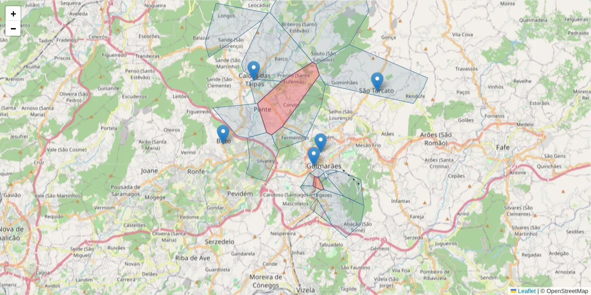 Mapa detalhado do código postal 4800-000 com limites, códigos postais vizinhos e agências dos correios