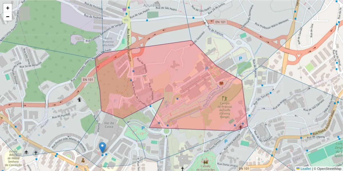 Mapa detalhado do código postal 4800-019 com limites, códigos postais vizinhos e agências dos correios