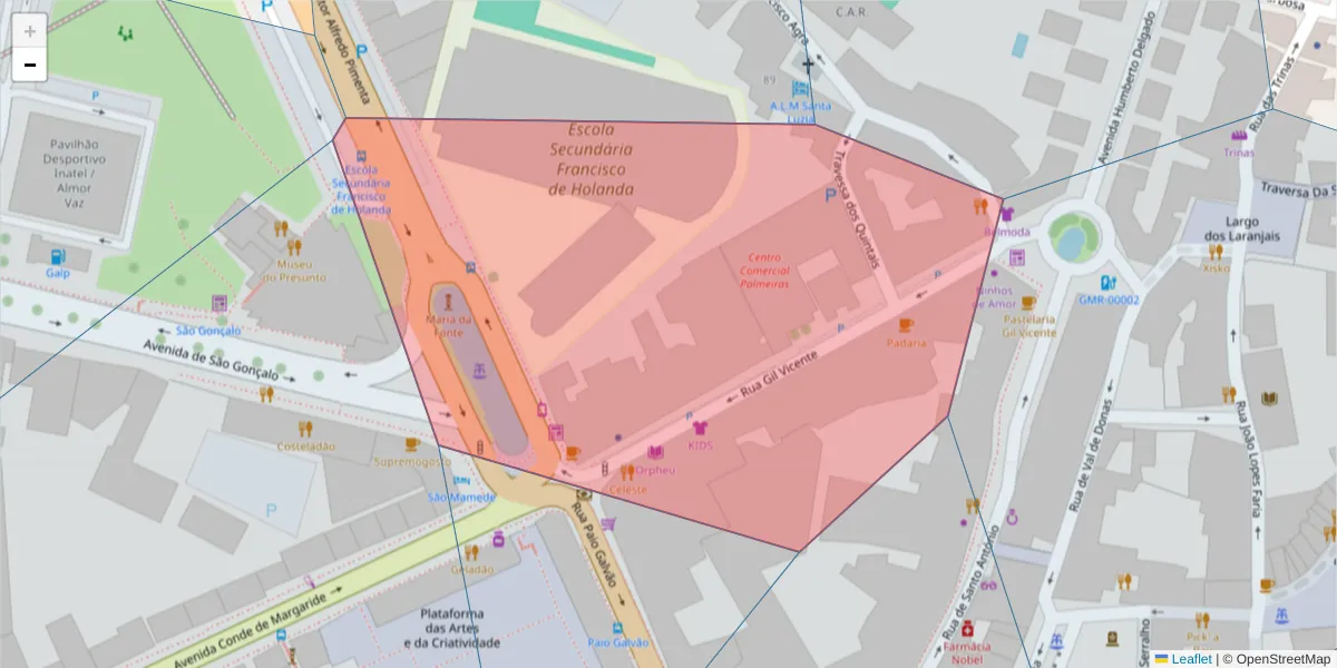 Mapa detalhado do código postal 4800-151 com limites, códigos postais vizinhos e agências dos correios