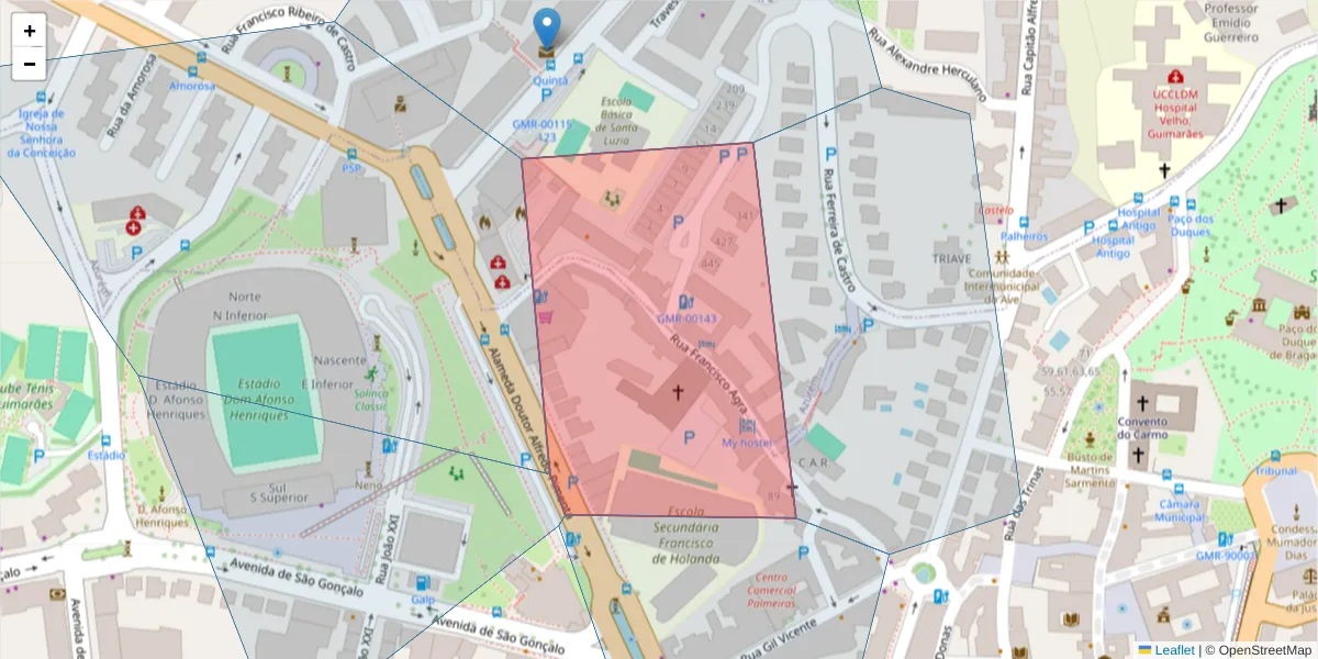 Mapa detalhado do código postal 4800-157 com limites, códigos postais vizinhos e agências dos correios