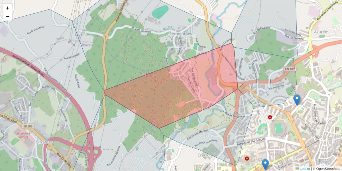 Mapa detalhado do código postal 4800-179 com limites, códigos postais vizinhos e agências dos correios