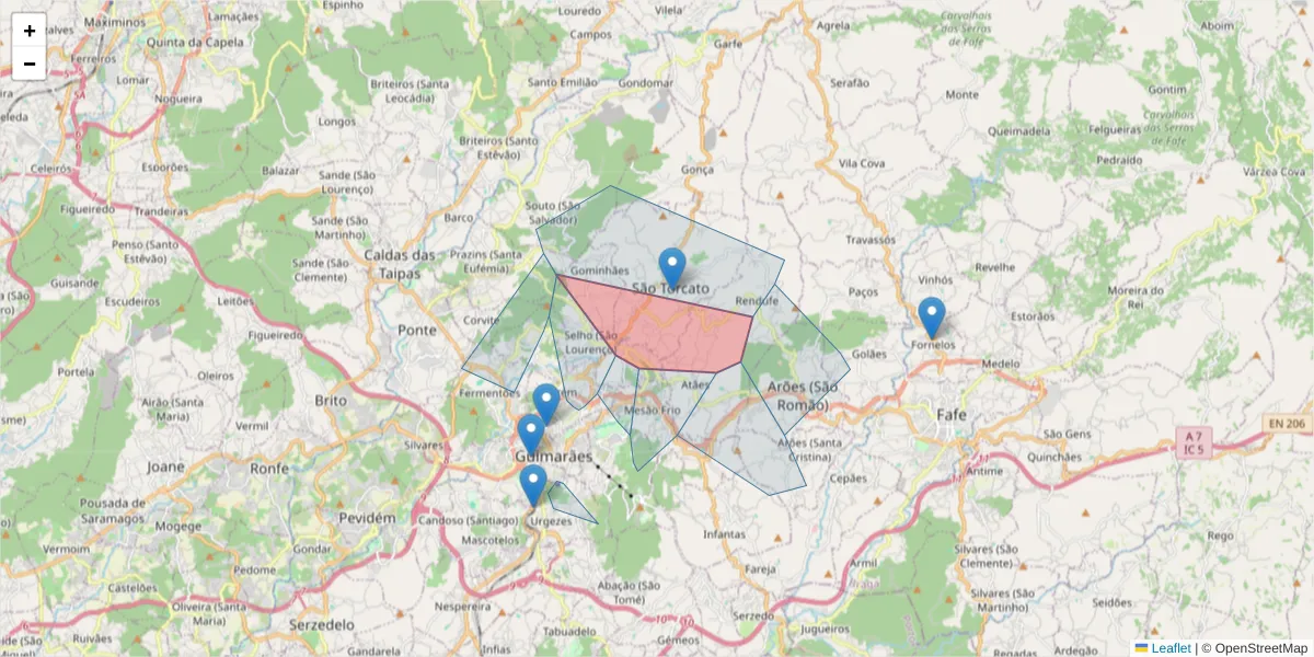 Mapa detalhado do código postal 4800-863 com limites, códigos postais vizinhos e agências dos correios