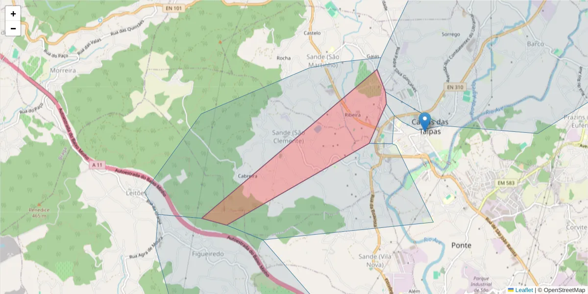 Mapa detalhado do código postal 4801-908 com limites, códigos postais vizinhos e agências dos correios