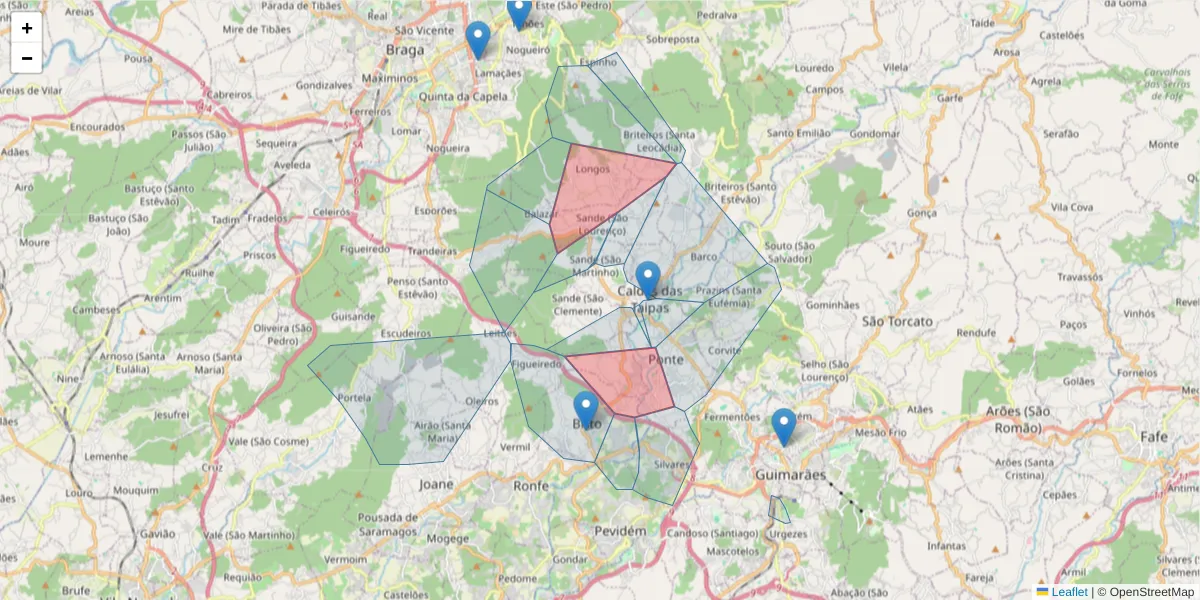 Mapa detalhado do código postal 4805-001 com limites, códigos postais vizinhos e agências dos correios