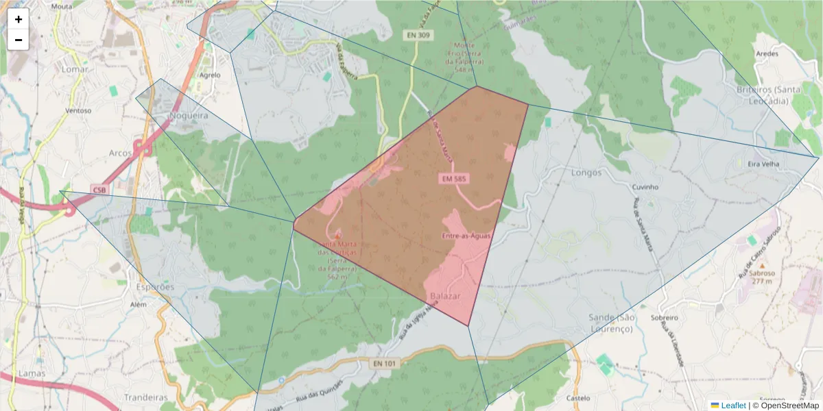 Mapa detalhado do código postal 4805-002 com limites, códigos postais vizinhos e agências dos correios