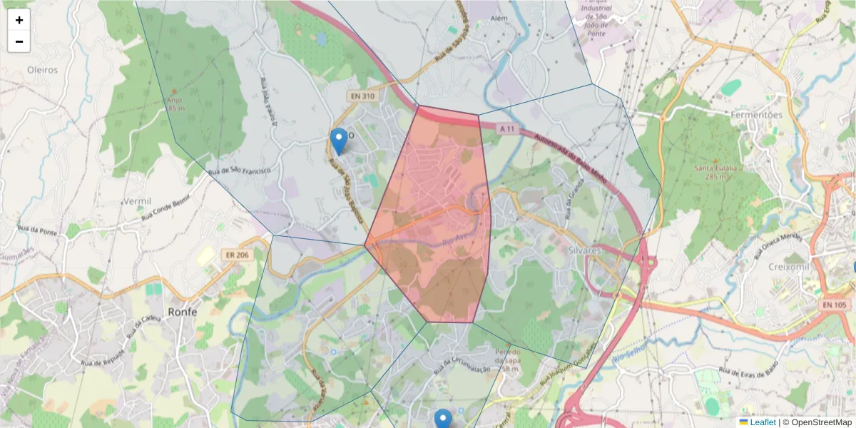 Mapa detalhado do código postal 4805-026 com limites, códigos postais vizinhos e agências dos correios