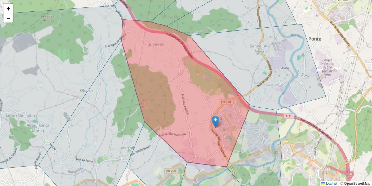 Mapa detalhado do código postal 4805-030 com limites, códigos postais vizinhos e agências dos correios
