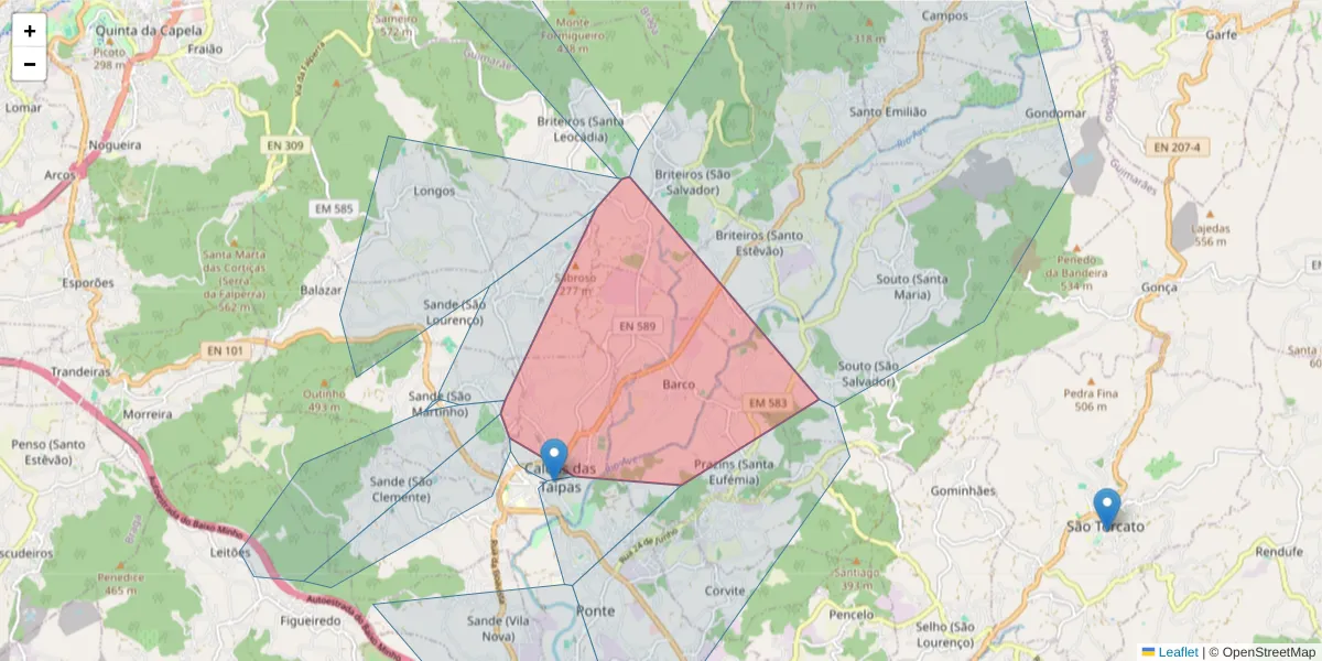 Mapa detalhado do código postal 4805-133 com limites, códigos postais vizinhos e agências dos correios