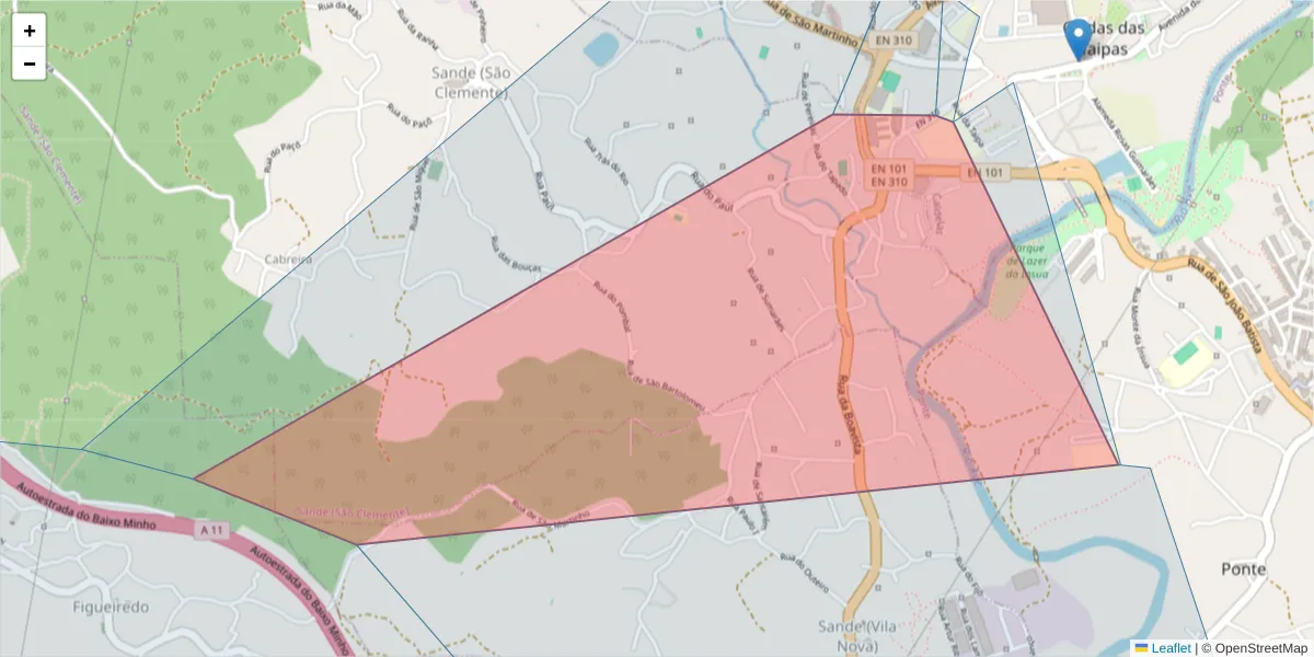 Mapa detalhado do código postal 4805-491 com limites, códigos postais vizinhos e agências dos correios