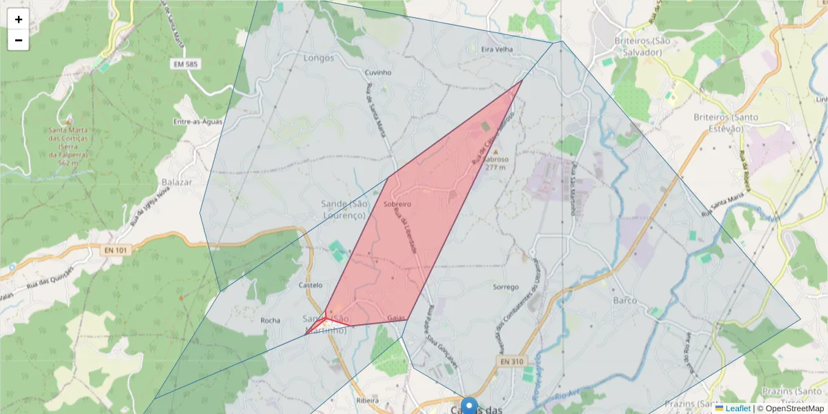 Mapa detalhado do código postal 4805-512 com limites, códigos postais vizinhos e agências dos correios