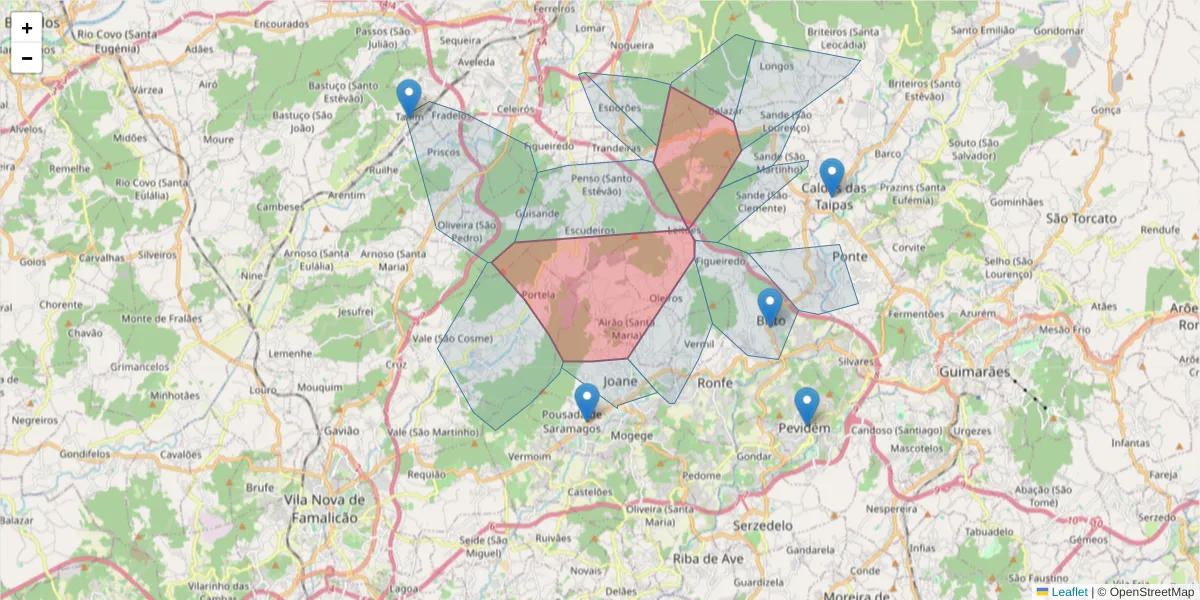 Mapa detalhado do código postal 4805 com limites, códigos postais vizinhos e agências dos correios