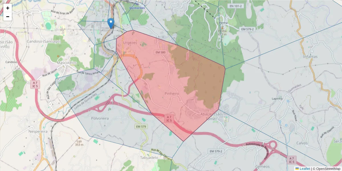 Mapa detalhado do código postal 4810-107 com limites, códigos postais vizinhos e agências dos correios
