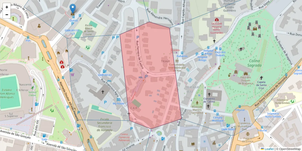 Mapa detalhado do código postal 4810-151 com limites, códigos postais vizinhos e agências dos correios