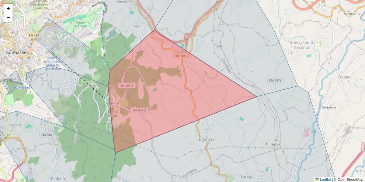 Mapa detalhado do código postal 4810-215 com limites, códigos postais vizinhos e agências dos correios