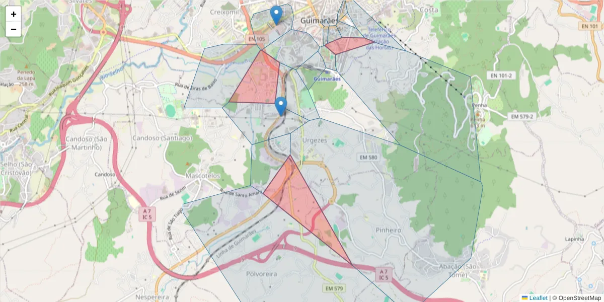 Mapa detalhado do código postal 4810-225 com limites, códigos postais vizinhos e agências dos correios