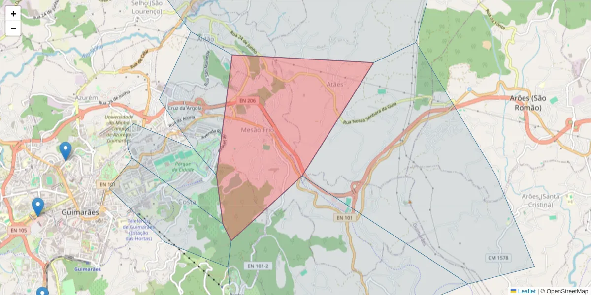 Mapa detalhado do código postal 4810-227 com limites, códigos postais vizinhos e agências dos correios