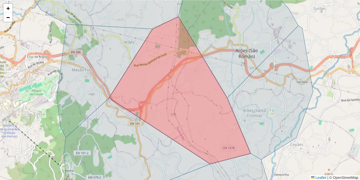 Mapa detalhado do código postal 4810-236 com limites, códigos postais vizinhos e agências dos correios