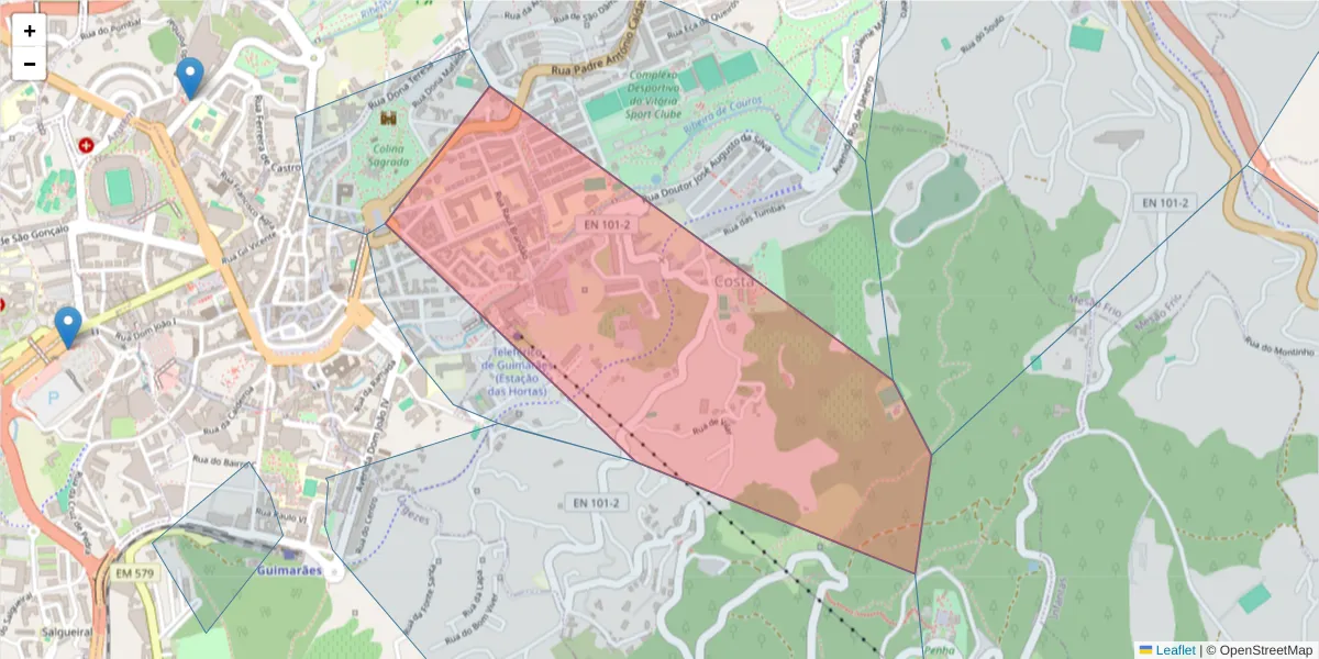 Mapa detalhado do código postal 4810-240 com limites, códigos postais vizinhos e agências dos correios