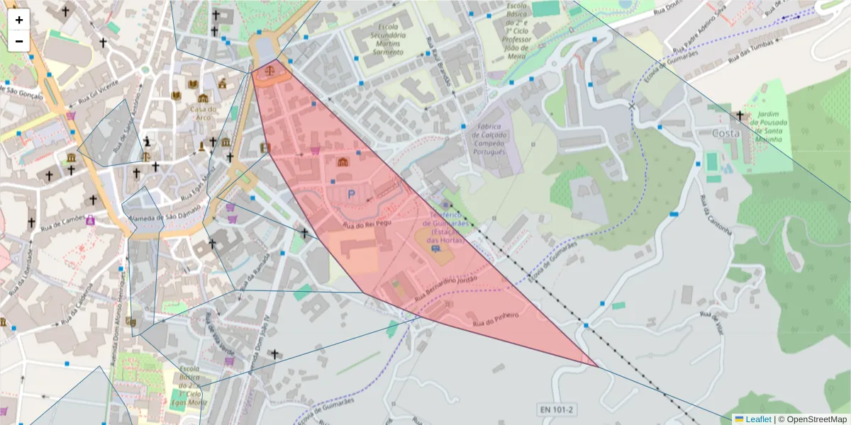 Mapa detalhado do código postal 4810-275 com limites, códigos postais vizinhos e agências dos correios
