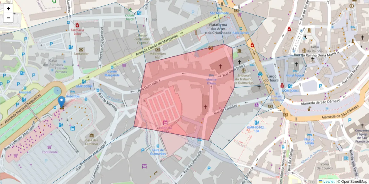 Mapa detalhado do código postal 4810-422 com limites, códigos postais vizinhos e agências dos correios