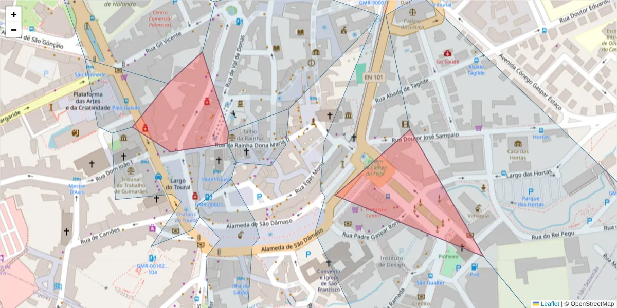 Mapa detalhado do código postal 4810-446 com limites, códigos postais vizinhos e agências dos correios