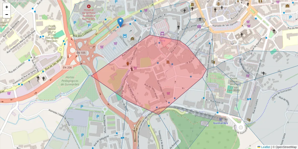 Mapa detalhado do código postal 4810-523 com limites, códigos postais vizinhos e agências dos correios