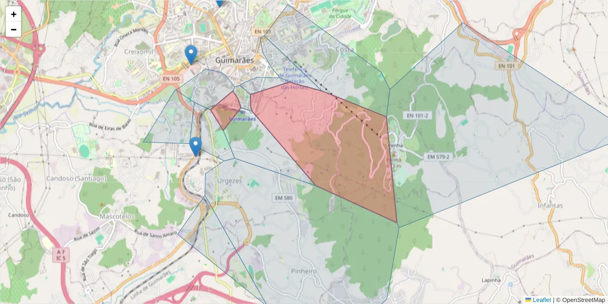 Mapa detalhado do código postal 4810-534 com limites, códigos postais vizinhos e agências dos correios