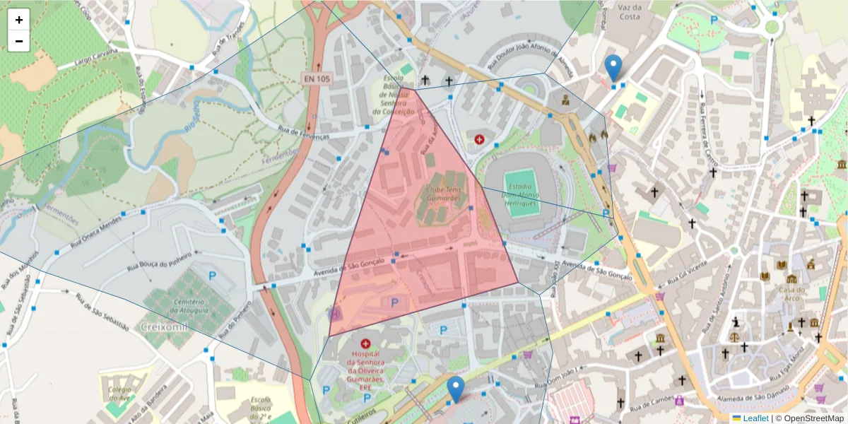 Mapa detalhado do código postal 4810-550 com limites, códigos postais vizinhos e agências dos correios