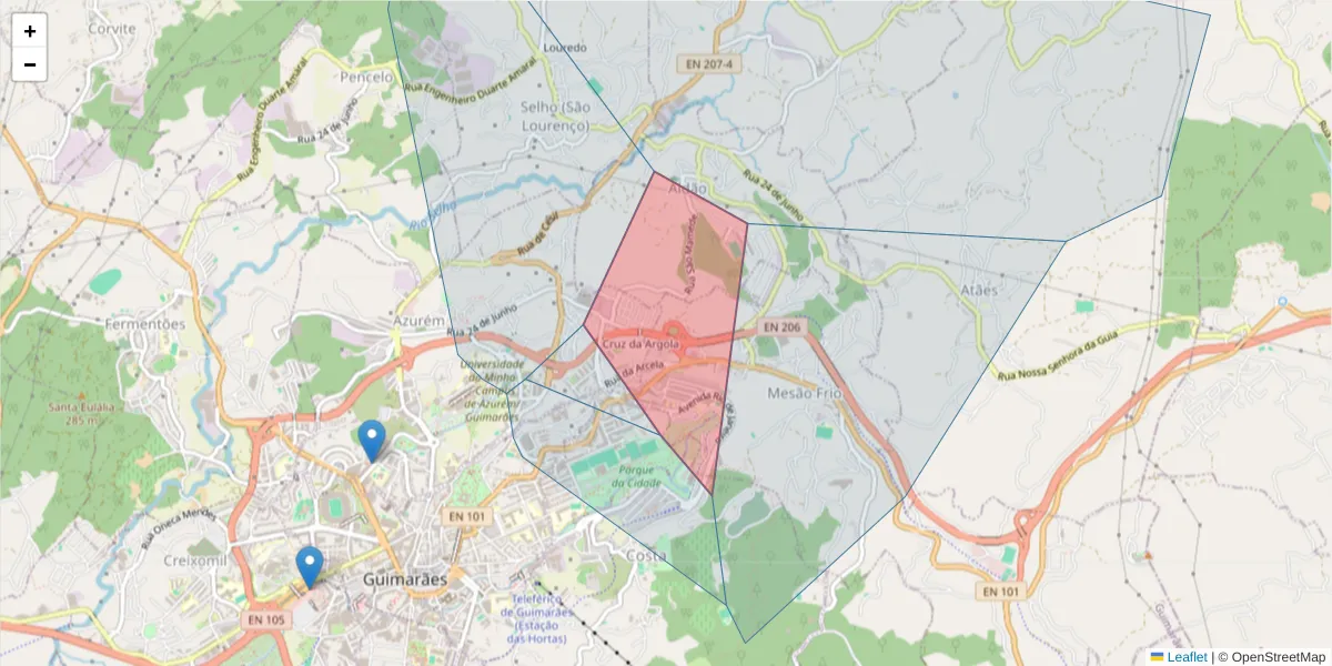 Mapa detalhado do código postal 4810-553 com limites, códigos postais vizinhos e agências dos correios