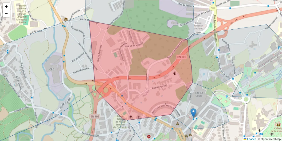 Mapa detalhado do código postal 4810-910 com limites, códigos postais vizinhos e agências dos correios