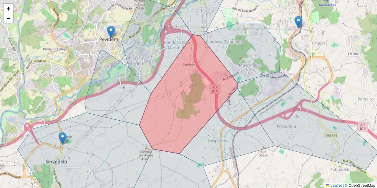 Mapa detalhado do código postal 4811-909 com limites, códigos postais vizinhos e agências dos correios