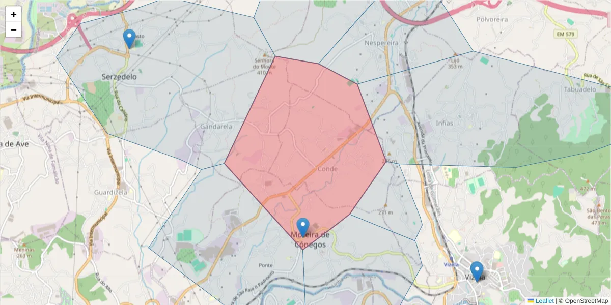 Mapa detalhado do código postal 4815-056 com limites, códigos postais vizinhos e agências dos correios