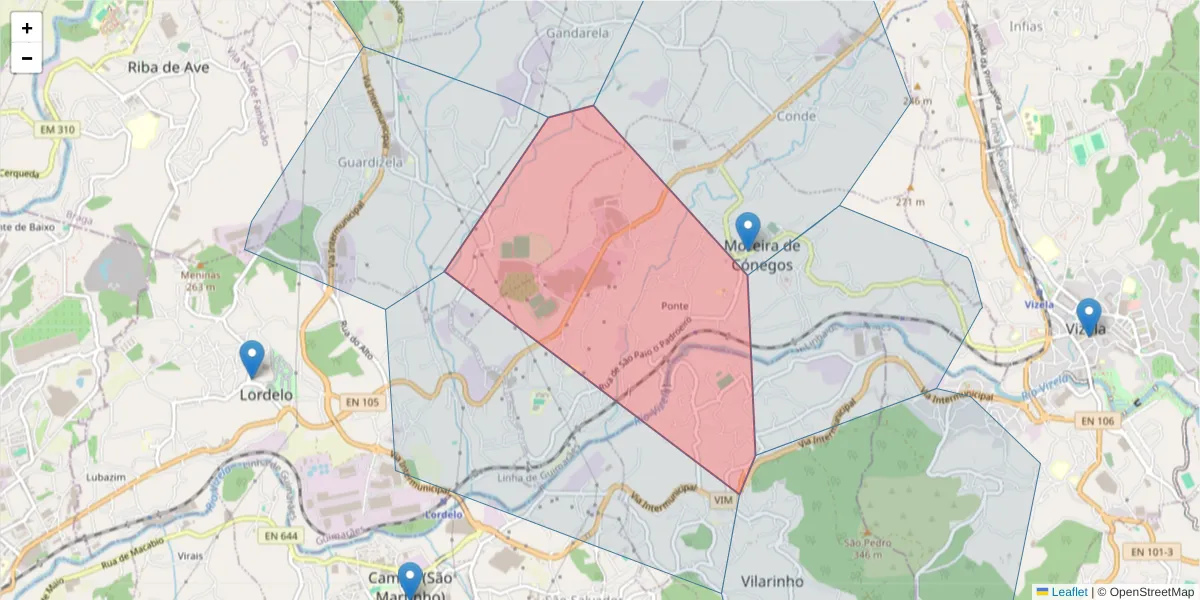 Mapa detalhado do código postal 4815-270 com limites, códigos postais vizinhos e agências dos correios