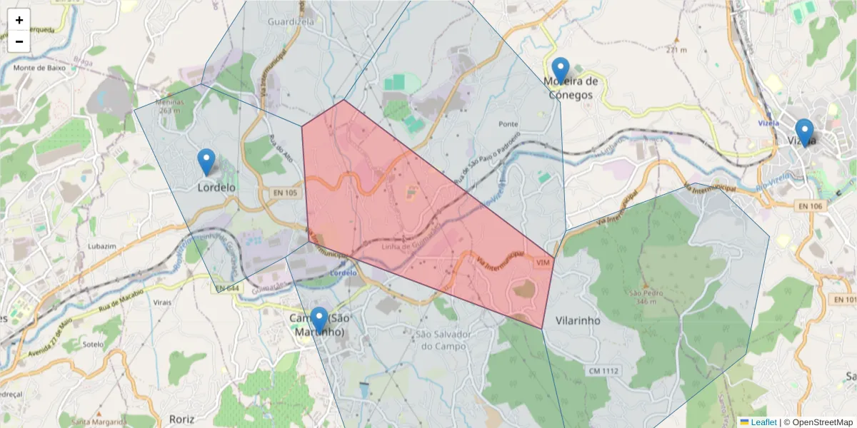 Mapa detalhado do código postal 4815-288 com limites, códigos postais vizinhos e agências dos correios