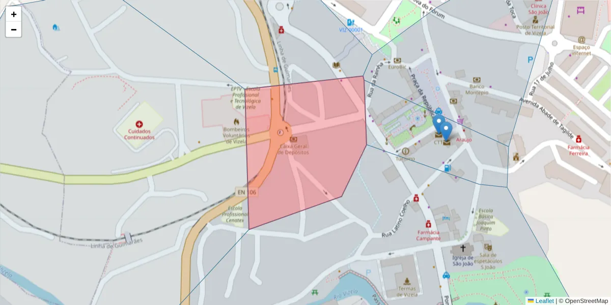 Mapa detalhado do código postal 4815-394 com limites, códigos postais vizinhos e agências dos correios