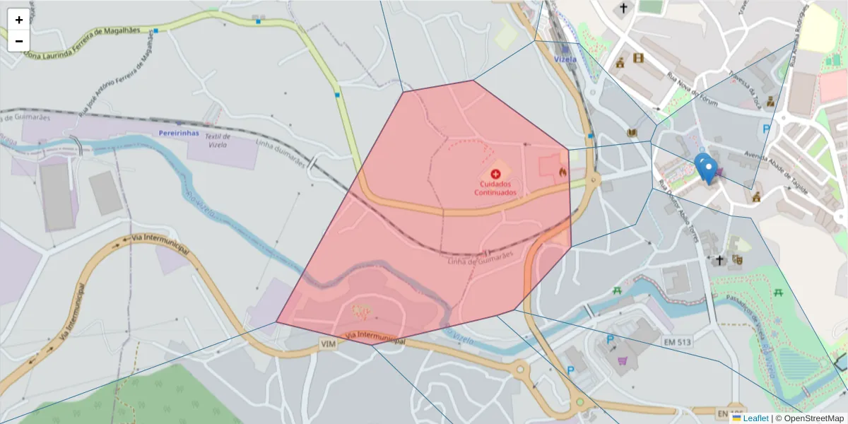 Mapa detalhado do código postal 4815-504 com limites, códigos postais vizinhos e agências dos correios