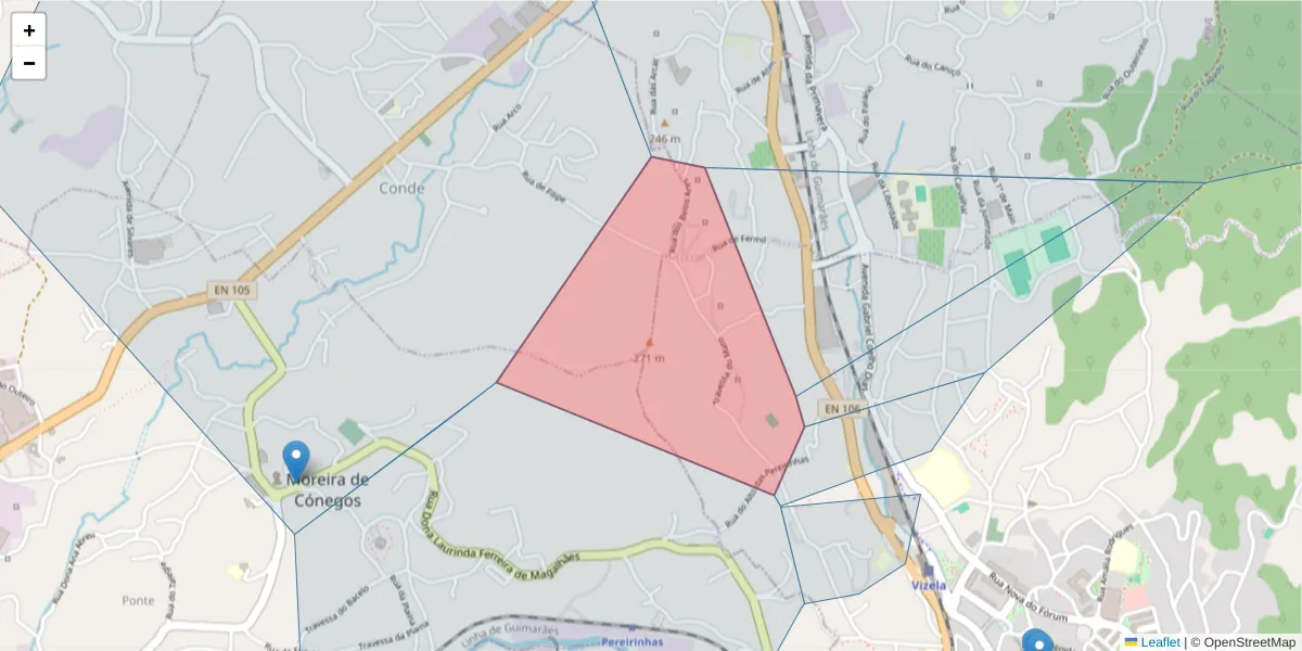 Mapa detalhado do código postal 4815-544 com limites, códigos postais vizinhos e agências dos correios
