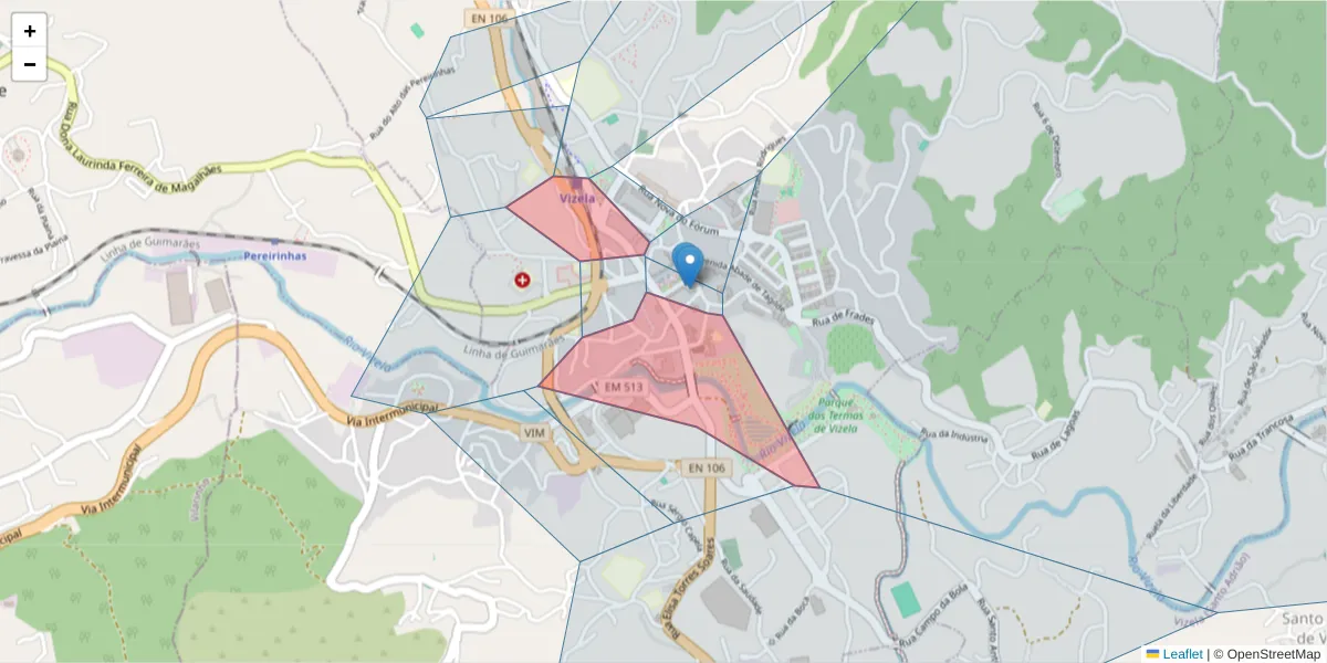 Mapa detalhado do código postal 4815-552 com limites, códigos postais vizinhos e agências dos correios