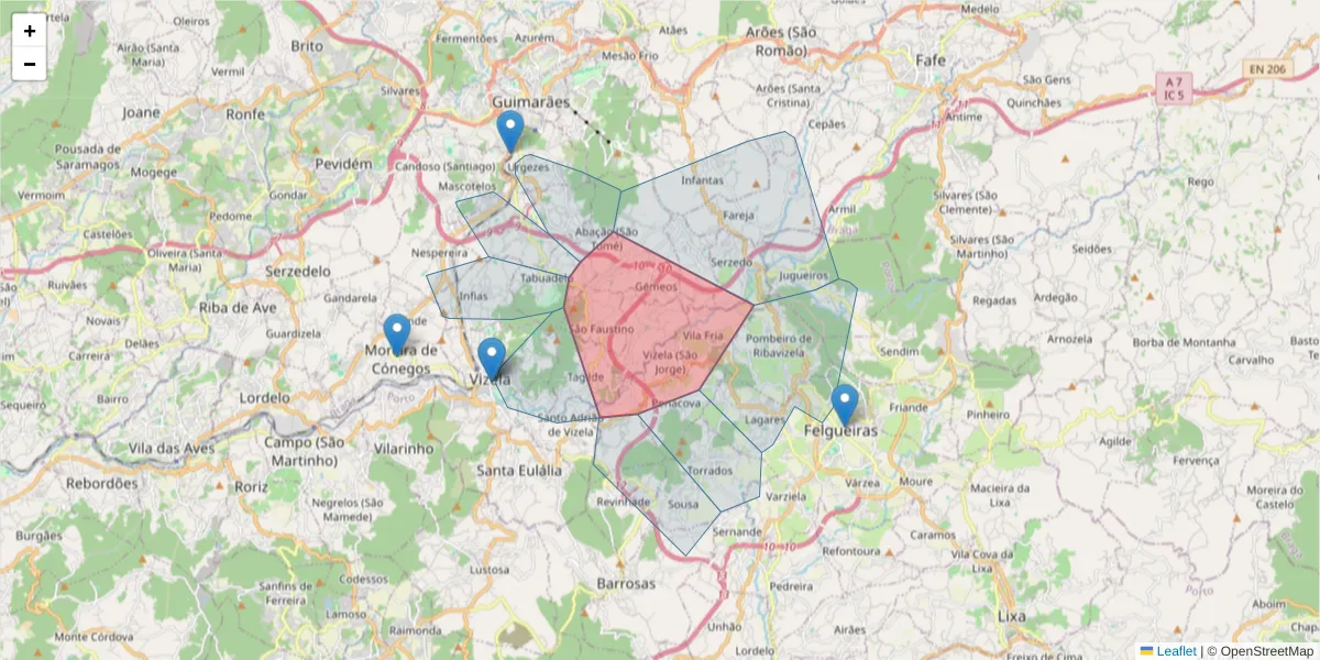 Mapa detalhado do código postal 4815-578 com limites, códigos postais vizinhos e agências dos correios
