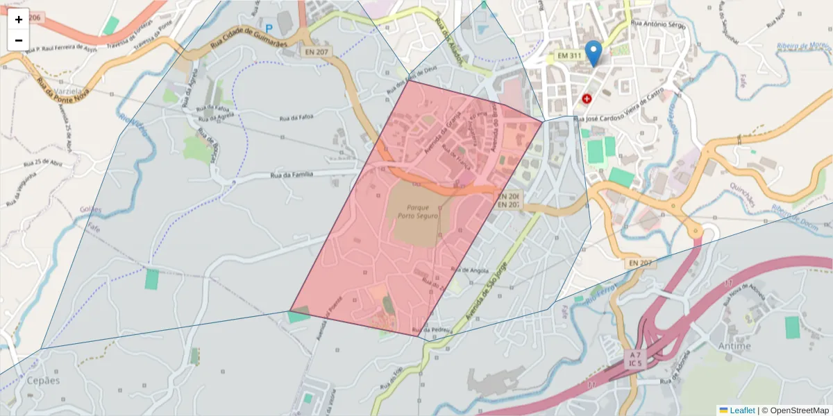 Mapa detalhado do código postal 4820-121 com limites, códigos postais vizinhos e agências dos correios
