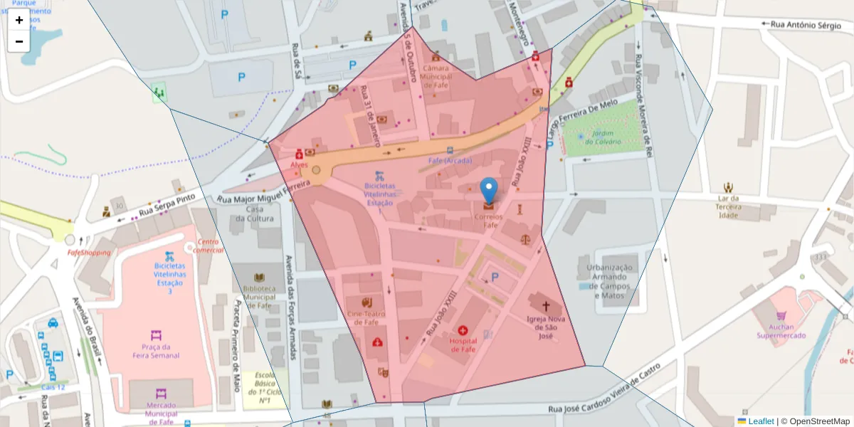 Mapa detalhado do código postal 4820-142 com limites, códigos postais vizinhos e agências dos correios