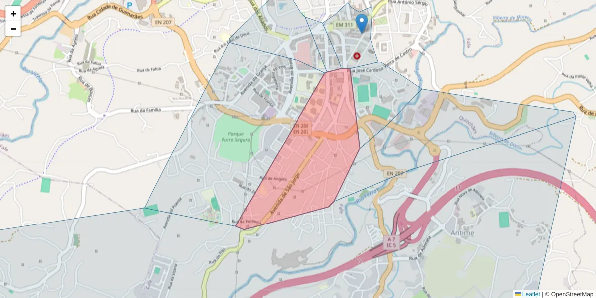Mapa detalhado do código postal 4820-147 com limites, códigos postais vizinhos e agências dos correios