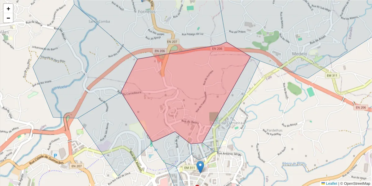 Mapa detalhado do código postal 4820-239 com limites, códigos postais vizinhos e agências dos correios